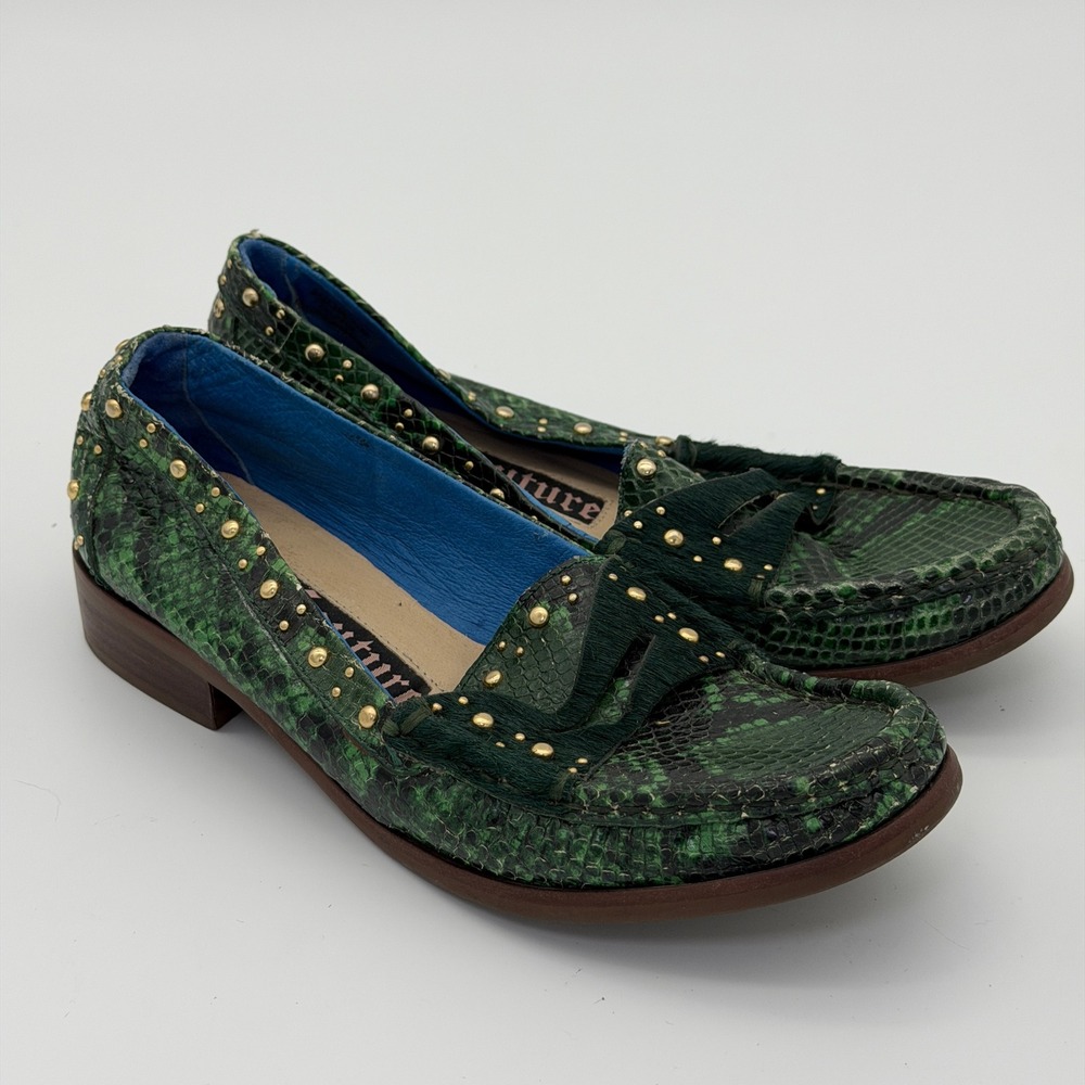 Juicy Couture Green Snakeskin Studded Loafers Pony Hair Penny Flats Womens 6.5M
